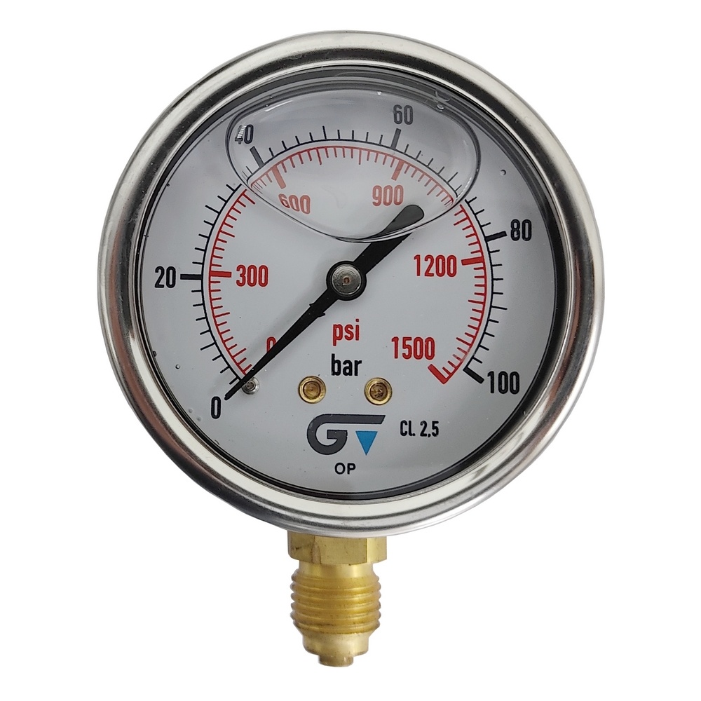 Manômetro Vertical 1500 Psi / 100 Bar Com Rosca 1/4" BSP, Caixa Em Inox/Glicerina Ø 63 mm 