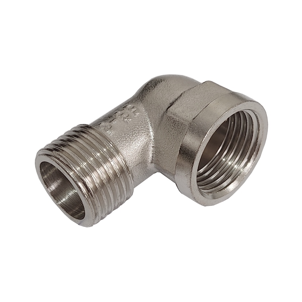 Cotovelo Macho 3/8" BSPT x Fêmea 3/8" BSP em Latão Niquelado