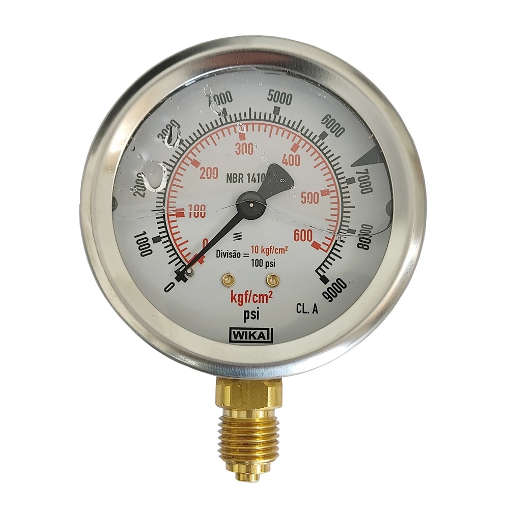 Manômetro Vertical 9000 PSI/ 600 KGF/CM2 Com Rosca 1/4" BSP, Caixa Em Inox/Glicerina Ø 63 mm 