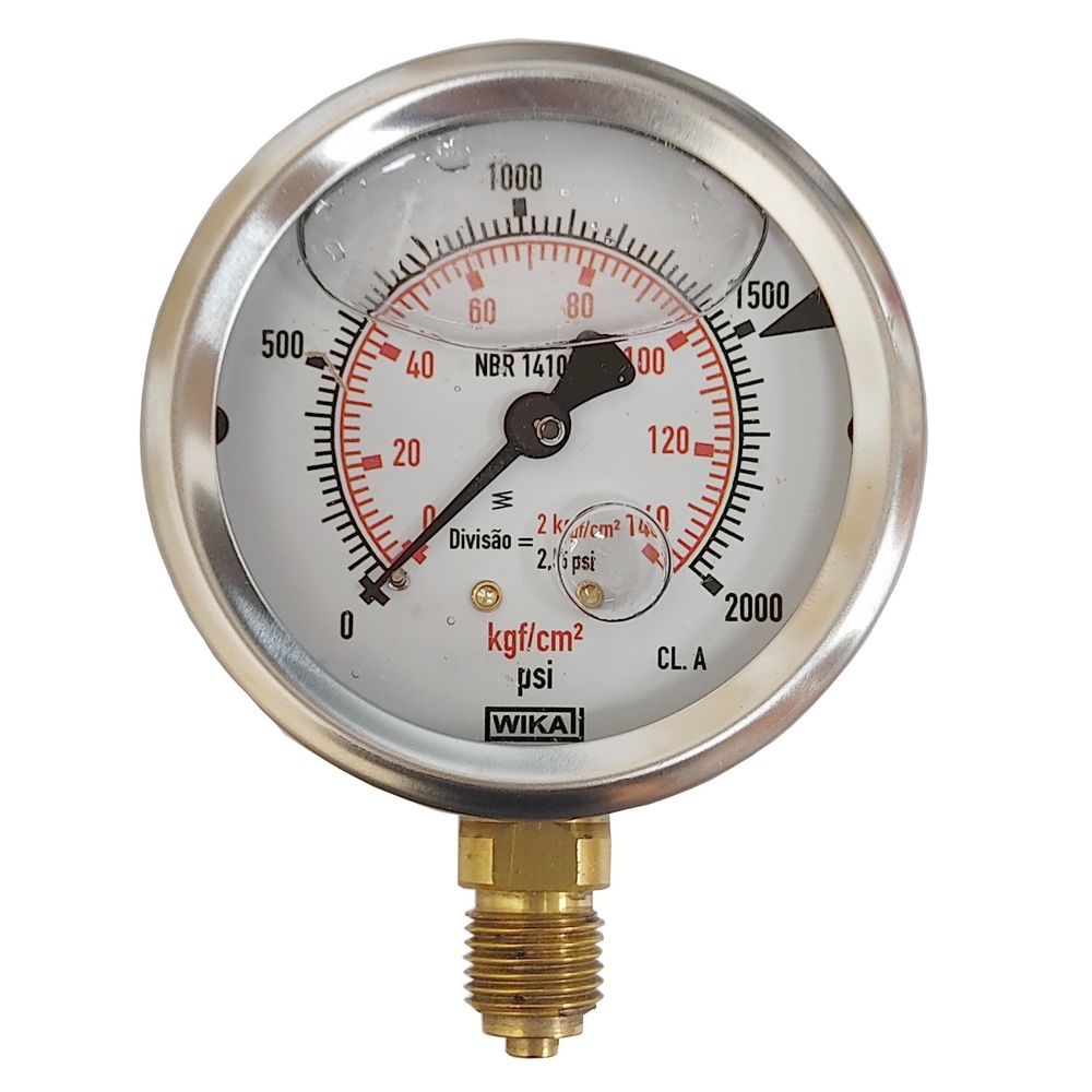 Manômetro Vertical 2000 PSI/ 140 KGF/CM2 Com Rosca 1/4" BSP, Caixa Em Inox/Glicerina Ø 63 mm 