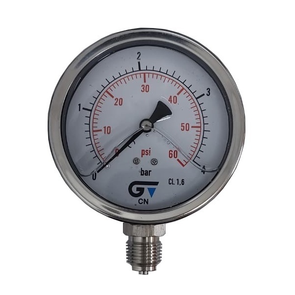Manômetro Vertical 60 PSI / 4 Bar Com Rosca 1/2" BSP, Total Inox/Glicerina Ø 100 mm 