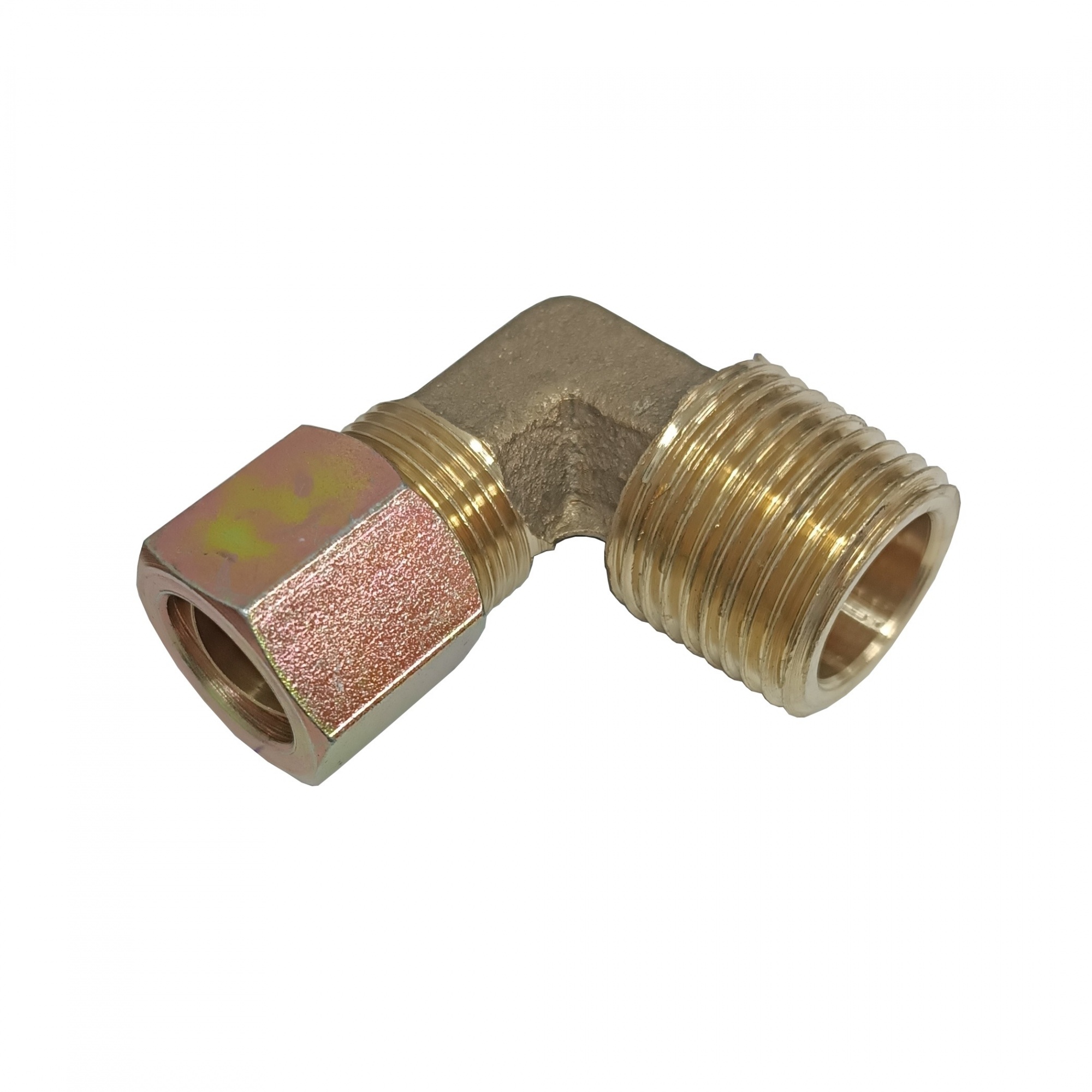 Cotovelo União Tubo 6 mm x Macho 1/8" NPT - Latão c/ Porca em Aço 