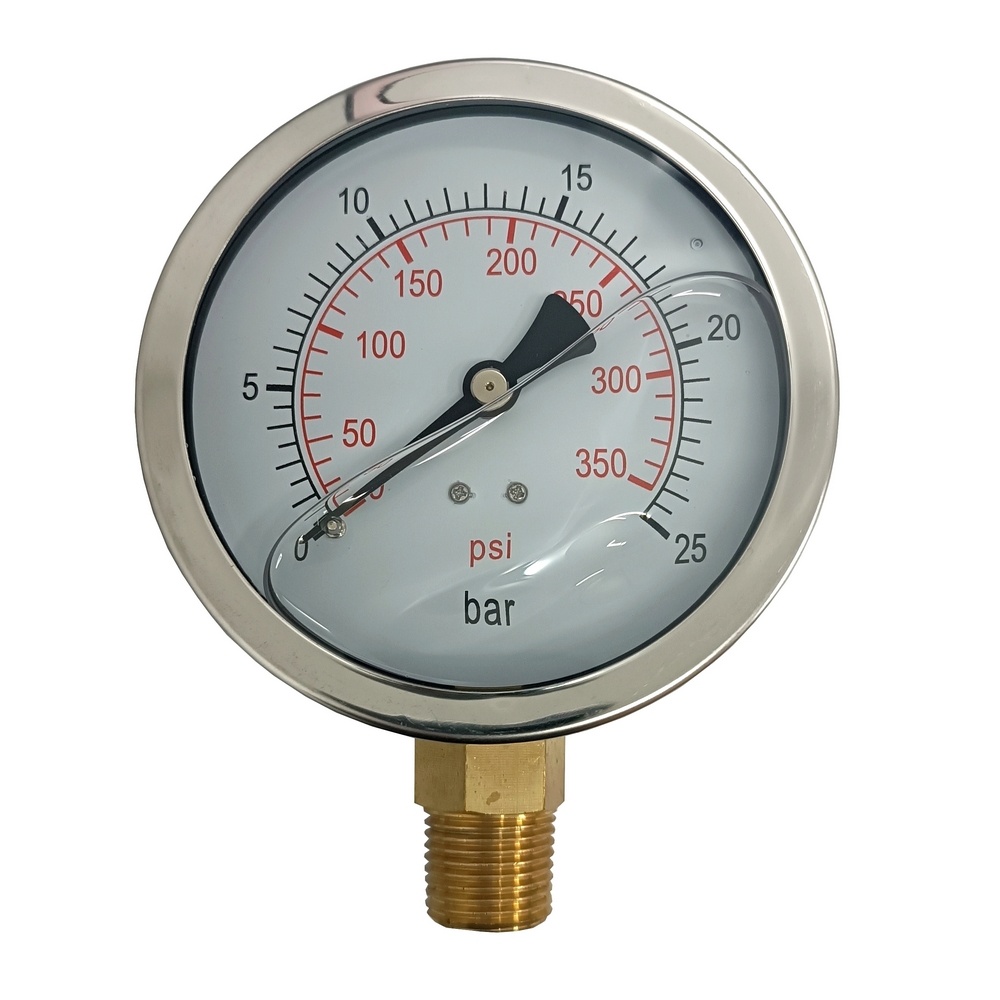 Manômetro Vertical 350 PSI / 25 Bar c/ Rosca 1/2" NPT, Caixa em Inox/Glicerina Ø 100 mm