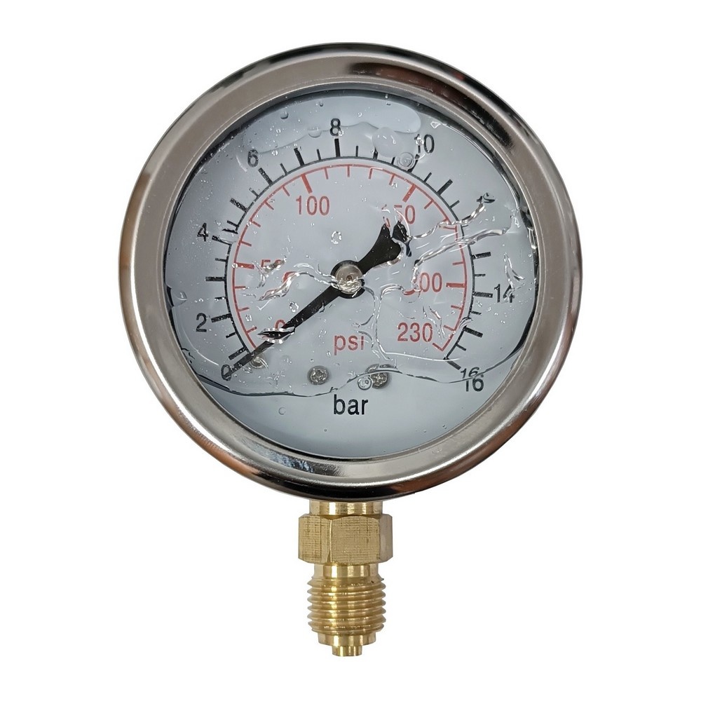 Manômetro Vertical 230 PSI / 16 Bar Com Rosca 1/4" BSP, Caixa Em Inox/Glicerina Ø 63 mm 